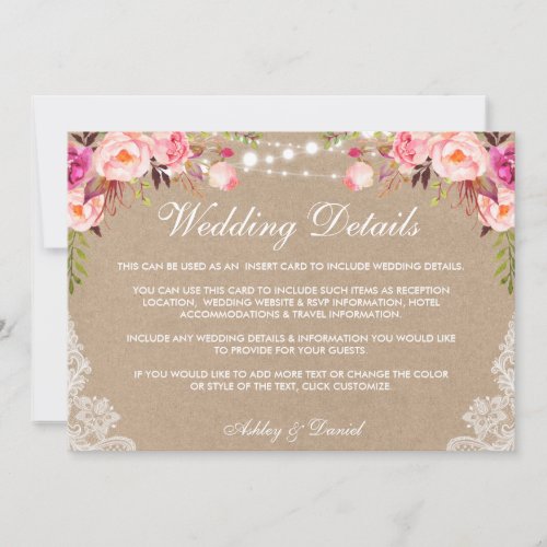 Wedding Lights Lace Pink Details Kraft Insert Card