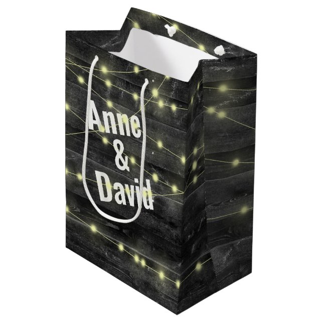 Wedding Lights On Wood With Names Medium Gift Bag (Front Angled)