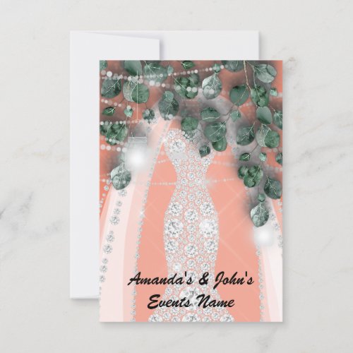 Wedding Lights Rustic Coral Green Dress Diamond Invitation