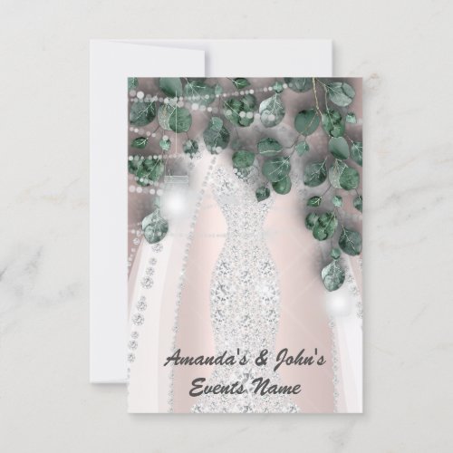 Wedding Lights Rustic Green Dress Diamond Rose Invitation