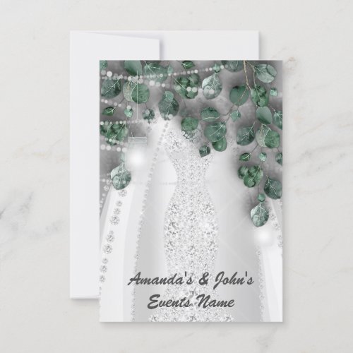 Wedding Lights Rustic Green Dress Diamond Silver Invitation