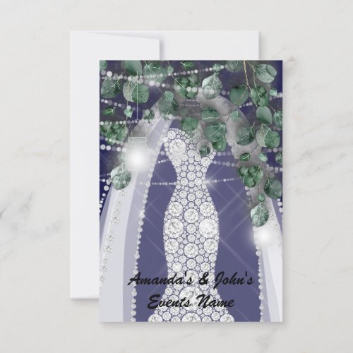 Wedding Lights Rustic Navy Green Dress Diamond Invitation