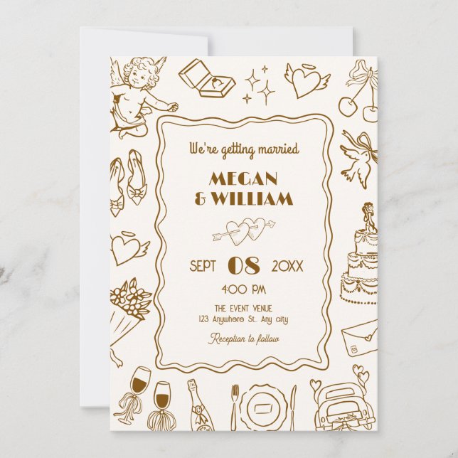 Wedding line art sketch fun  invitation (Front)
