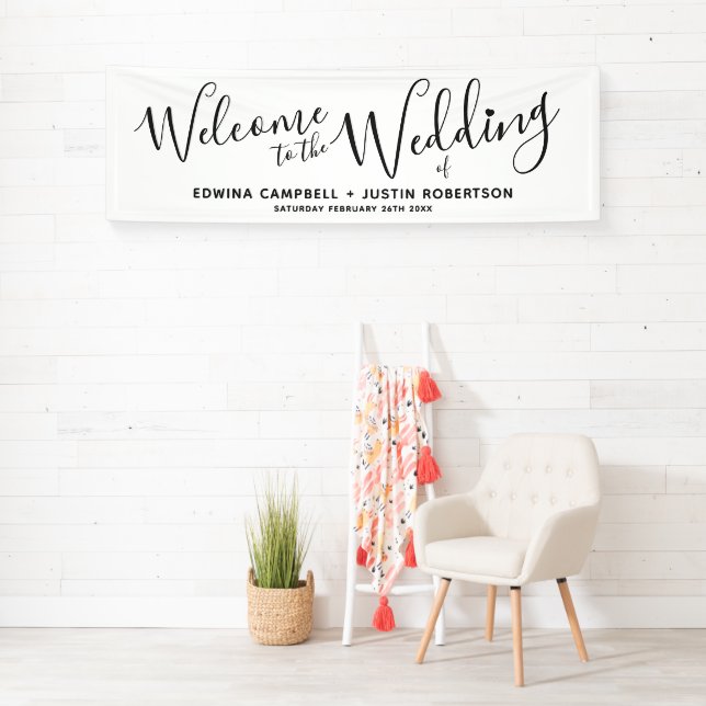 Wedding little heart black text on white welcome banner (Insitu)