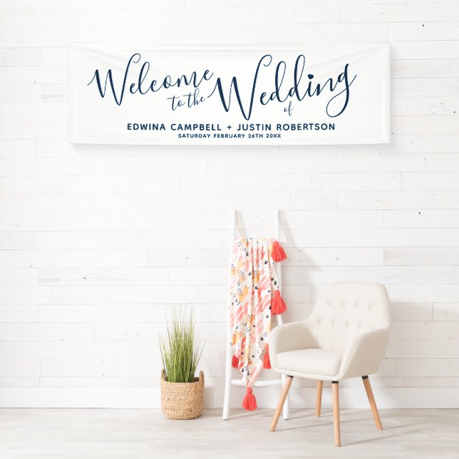 Wedding little heart blue text on white welcome banner (Insitu)