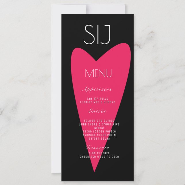 Wedding Logo Bold Heart Black White Dinner Menu (Front)
