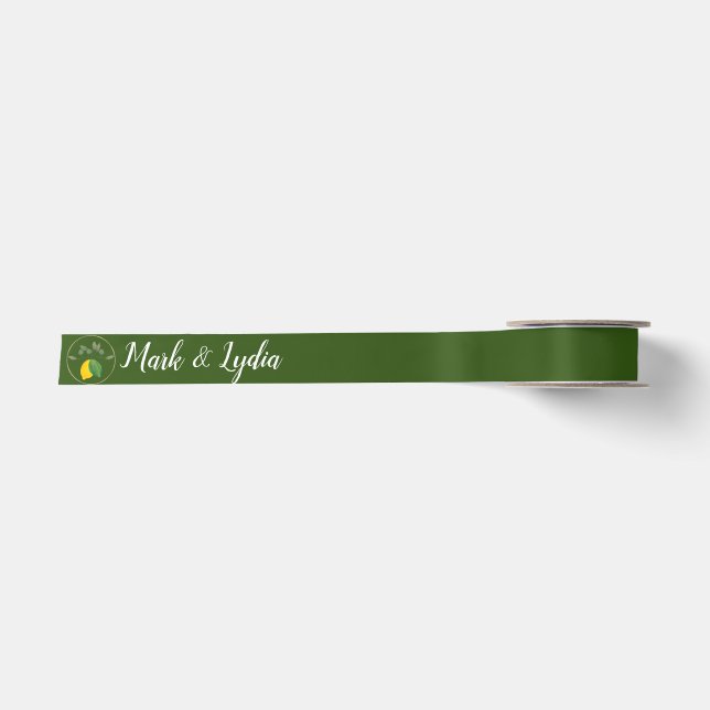 Wedding Logo Gold Rim Watercolor Lemon Couples Satin Ribbon (Front)