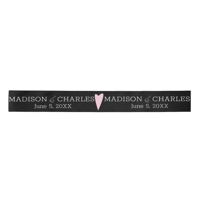 Wedding Logo Pink Heart Couples Date Favor Satin Ribbon (Front)