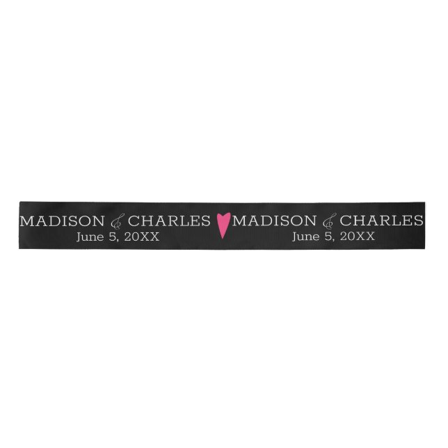 Wedding Logo Pink Heart Couples Date Favor Satin Ribbon (Front)