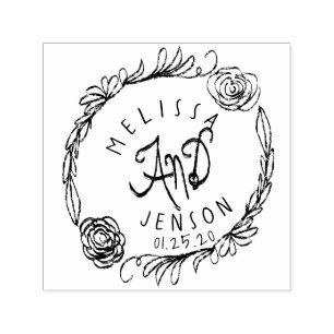 Wedding Logo Roses Greenery Wreath Hand Drawn Self-inking Stamp