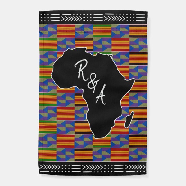 Wedding Logo with Initials Africa Kente Mud Cloth Garden Flag (Back)