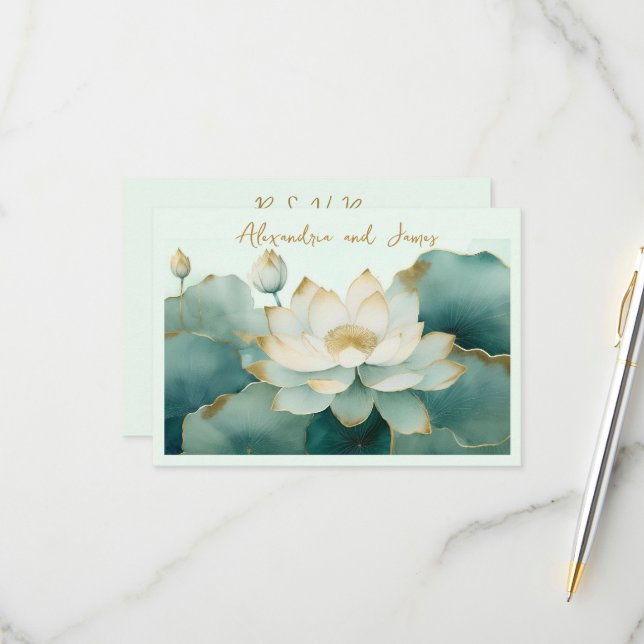  Wedding Lotus flower gold edges  RSVP Card (Front/Back In Situ)