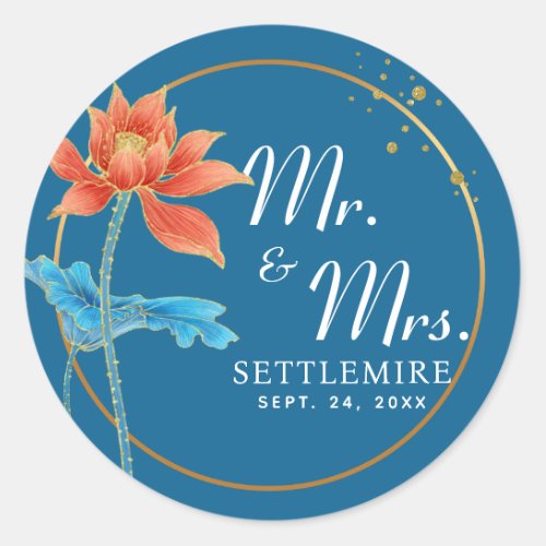 Wedding Lotus Flower Orange  Blue Mr and Mrs Classic Round Sticker