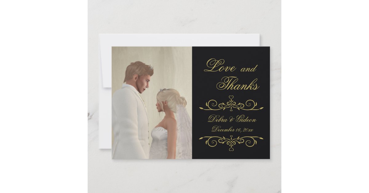 Wedding Love and Thanks Black Gold Photo Thank You Card | Zazzle
