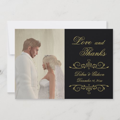 Wedding Love and Thanks Black Gold Photo Thank You Card