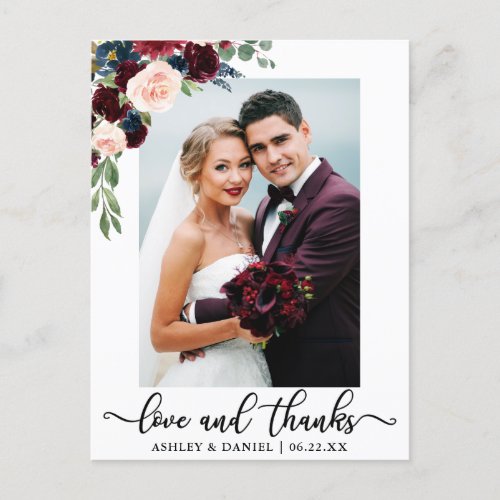 Wedding Love and Thanks Burgundy Blue Floral Postcard