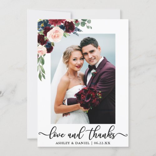 Wedding Love and Thanks Burgundy Blue Floral Thank You Card