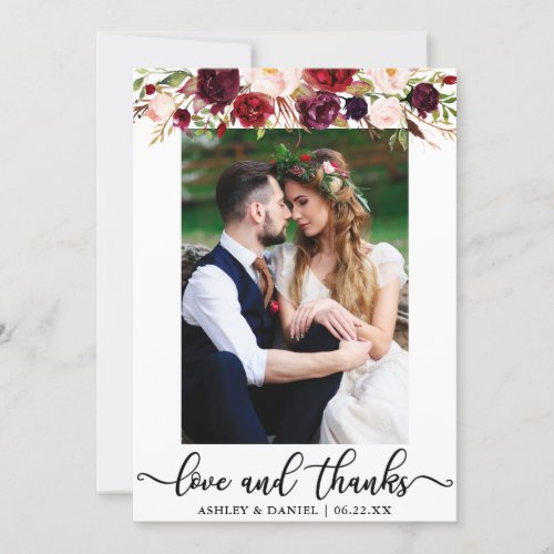 Wedding Love and Thanks Burgundy Floral Photo Thank You Card