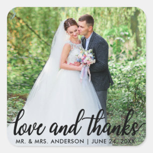 Wedding Love and Thanks Photo Thank You Blk Square Sticker