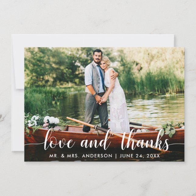 Wedding Love and Thanks Photo White Script Thank You Card (Front)