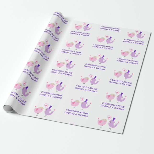 Wedding Love Bird Cute Bride Groom Name Wrapping Paper (Unrolled)