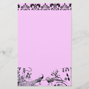 WEDDING LOVE BIRDS  black and pink damask Stationery