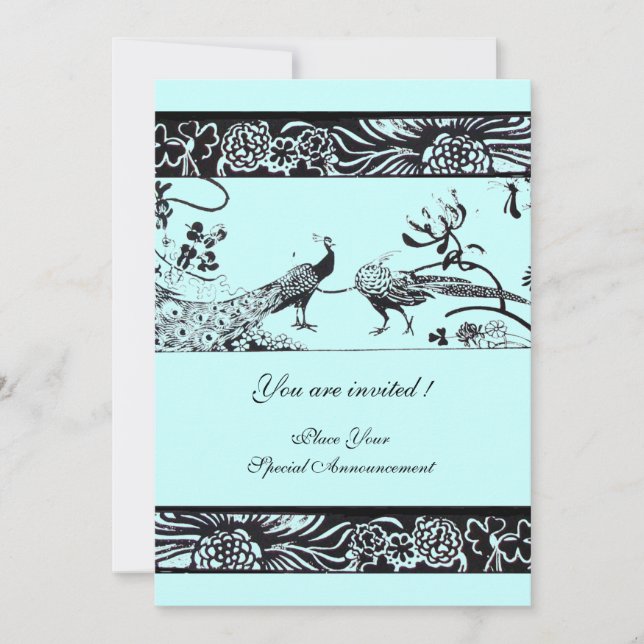 WEDDING LOVE BIRDS ,black and white blue Invitation (Front)