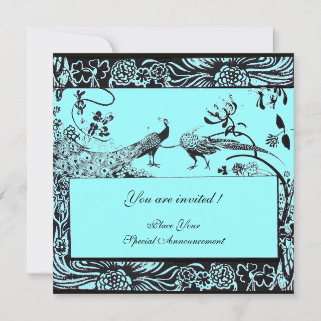 WEDDING LOVE BIRDS ,black and white ,blue Invitation (Front)