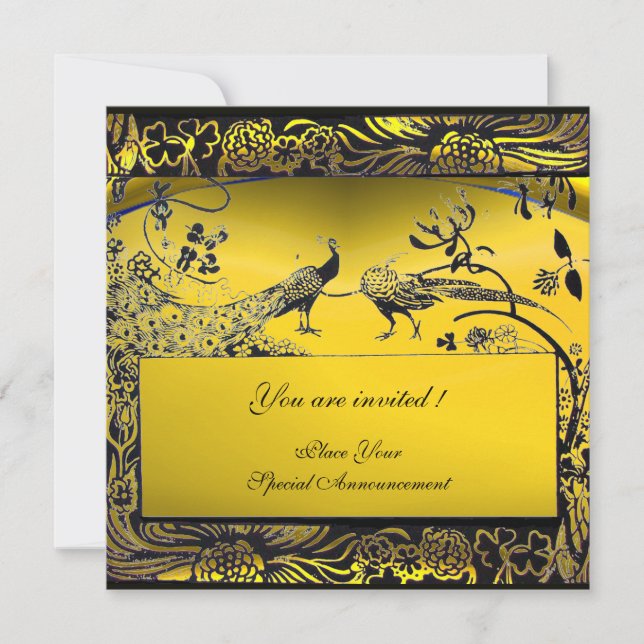 WEDDING LOVE BIRDS ,black and white ,yellow Invitation (Front)