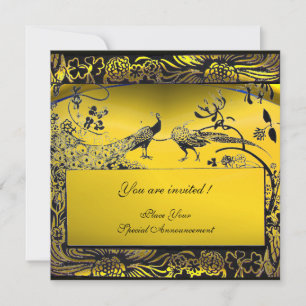 WEDDING LOVE BIRDS ,black and white ,yellow Invitation