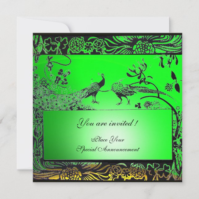 WEDDING LOVE BIRDS ,black yellow green emerald Invitation (Front)