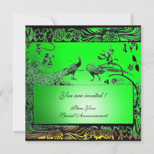 WEDDING LOVE BIRDS ,black yellow green emerald Invitation