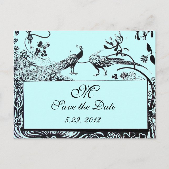 WEDDING LOVE BIRDS MONOGRAM black and white blue Announcement Postcard (Front)