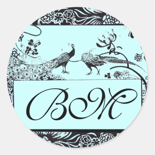 WEDDING LOVE BIRDS MONOGRAM black and white blue Classic Round Sticker