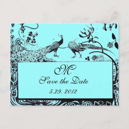 WEDDING LOVE BIRDS MONOGRAM black and white blue Postcard