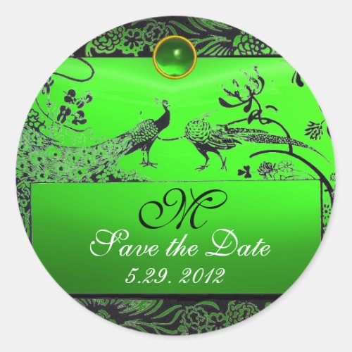 WEDDING LOVE BIRDS MONOGRAM black and white green Classic Round Sticker