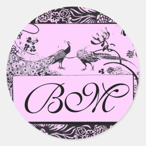 WEDDING LOVE BIRDS MONOGRAM black and white pink Classic Round Sticker