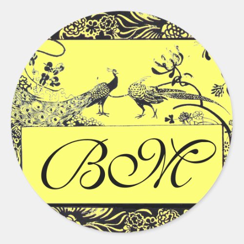 WEDDING LOVE BIRDS MONOGRAM black and white yellow Classic Round Sticker