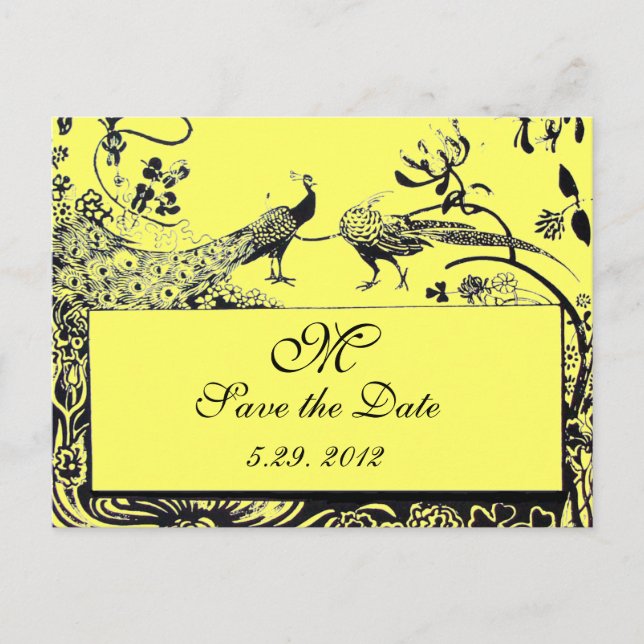 WEDDING LOVE BIRDS MONOGRAM black and white yellow Postcard (Front)