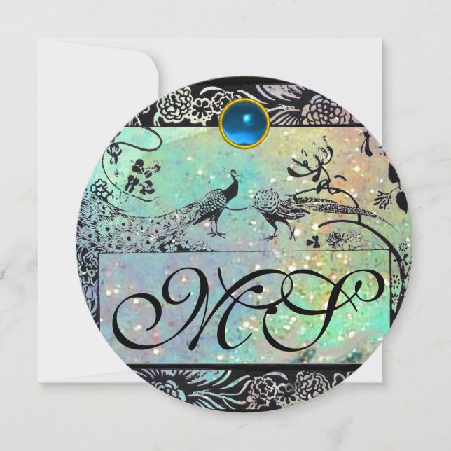 WEDDING LOVE BIRDS MONOGRAM black green champagne Invitation (Front)