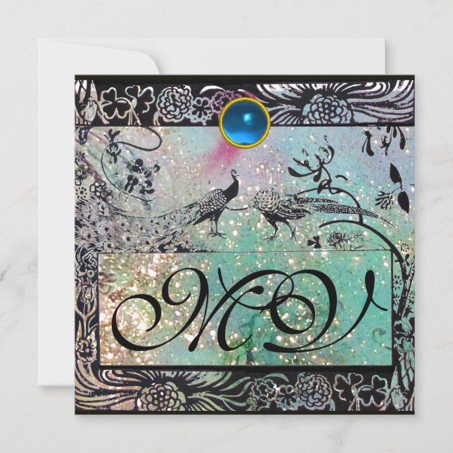 WEDDING LOVE BIRDS MONOGRAM black green ice Announcement (Front)