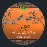 WEDDING LOVE BIRDS MONOGRAM black green orange Classic Round Sticker<br><div class="desc">Elegant and classy design with a green emerald and yellow agate 3D gem stone, easily customizable with your initials and text, digital graphic elaboration by Bulgan Lumini .Easy to customize with your own text for any occasion as save-the-date thank you cards / , bridal showers, birthdays, parties, engagement showers, or...</div>