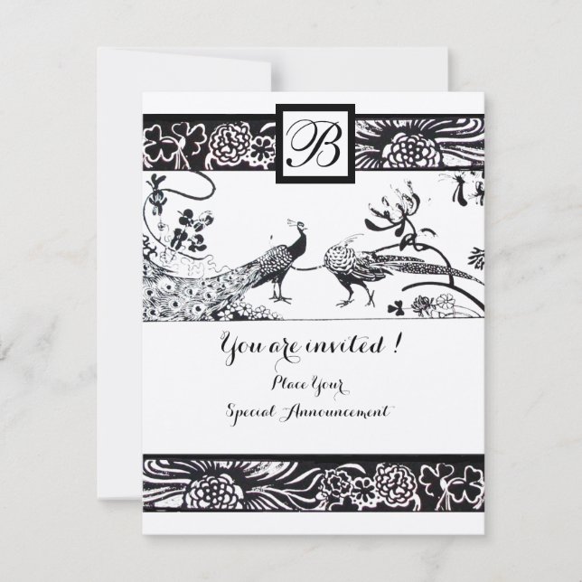 WEDDING LOVE BIRDS MONOGRAM, Black Silver Metallic Invitation (Front)