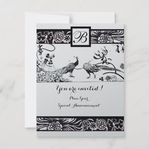 WEDDING LOVE BIRDS MONOGRAM Black Silver Metallic Invitation