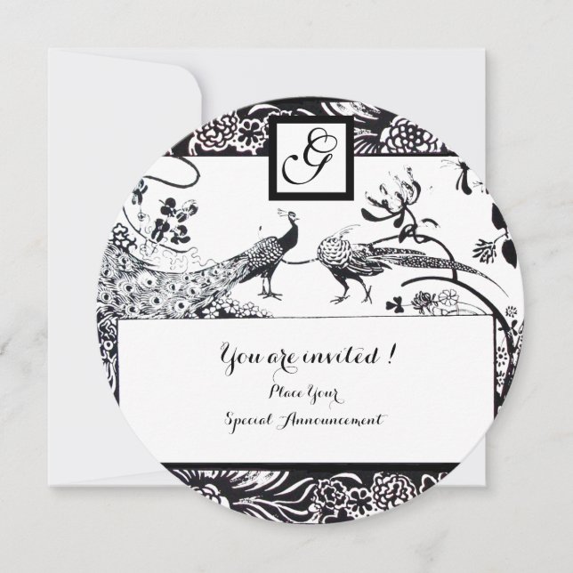 WEDDING LOVE BIRDS MONOGRAM Black,White Circle Invitation (Front)
