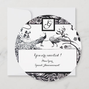 WEDDING LOVE BIRDS MONOGRAM Black,White Circle Invitation