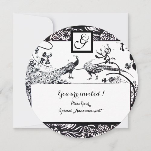 WEDDING LOVE BIRDS MONOGRAM BlackWhite Circle Invitation