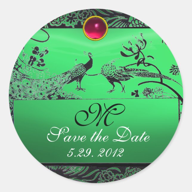 WEDDING LOVE BIRDS MONOGRAM black white emerald Classic Round Sticker (Front)