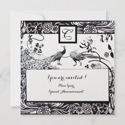 WEDDING LOVE BIRDS MONOGRAM BlackWhite Pearl Invitation