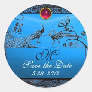 WEDDING LOVE BIRDS MONOGRAM black white red blue Classic Round Sticker